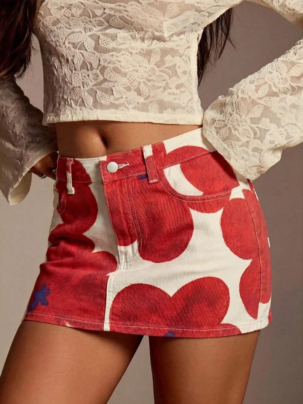 Red Casual Women's Sexy Floral Print Button Pocket Denim Mini Skirt